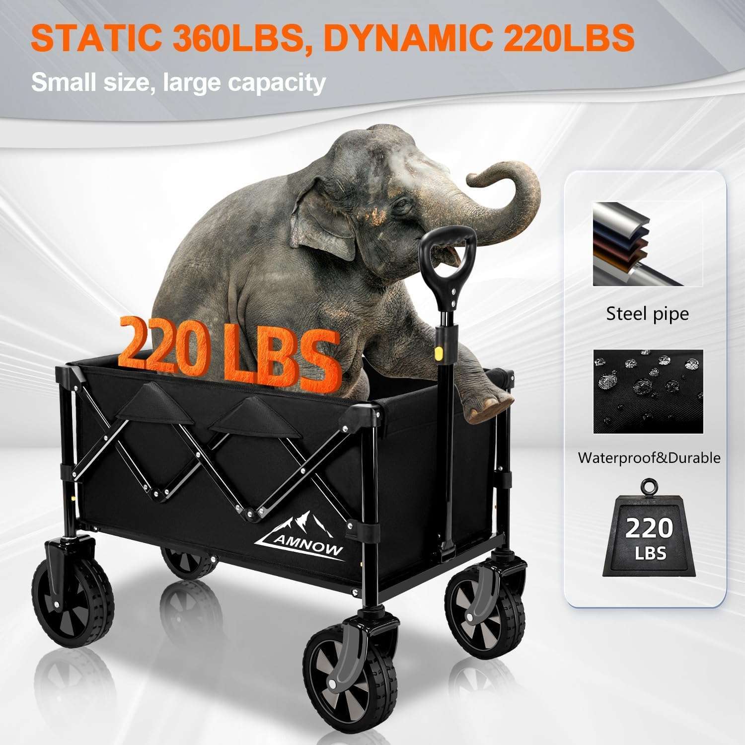 Collapsible Wagon Cart with Wheels Foldable, Folding Wagons Carts with Silent Universal Wheels, Large Grocery Cart On Wheels, Heavy Duty Utility for Shopping Beach Sports Fishing Camping, Black - 2