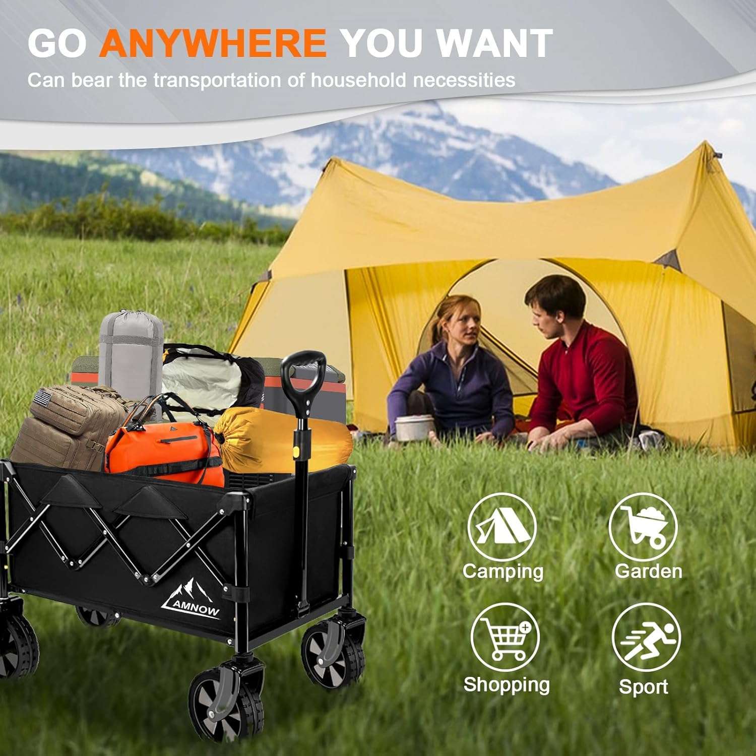 Collapsible Wagon Cart with Wheels Foldable, Folding Wagons Carts with Silent Universal Wheels, Large Grocery Cart On Wheels, Heavy Duty Utility for Shopping Beach Sports Fishing Camping, Black - 6