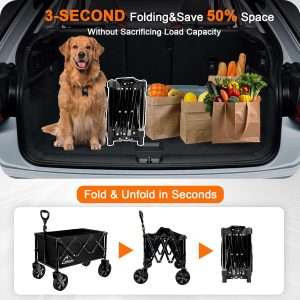 Collapsible Wagon Cart with Wheels Foldable, Folding Wagons Carts with Silent Universal Wheels, Large Grocery Cart On Wheels, Heavy Duty Utility for Shopping Beach Sports Fishing Camping, Black - 7