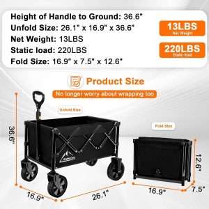 Collapsible Wagon Cart with Wheels Foldable, Folding Wagons Carts with Silent Universal Wheels, Large Grocery Cart On Wheels, Heavy Duty Utility for Shopping Beach Sports Fishing Camping, Black - 8