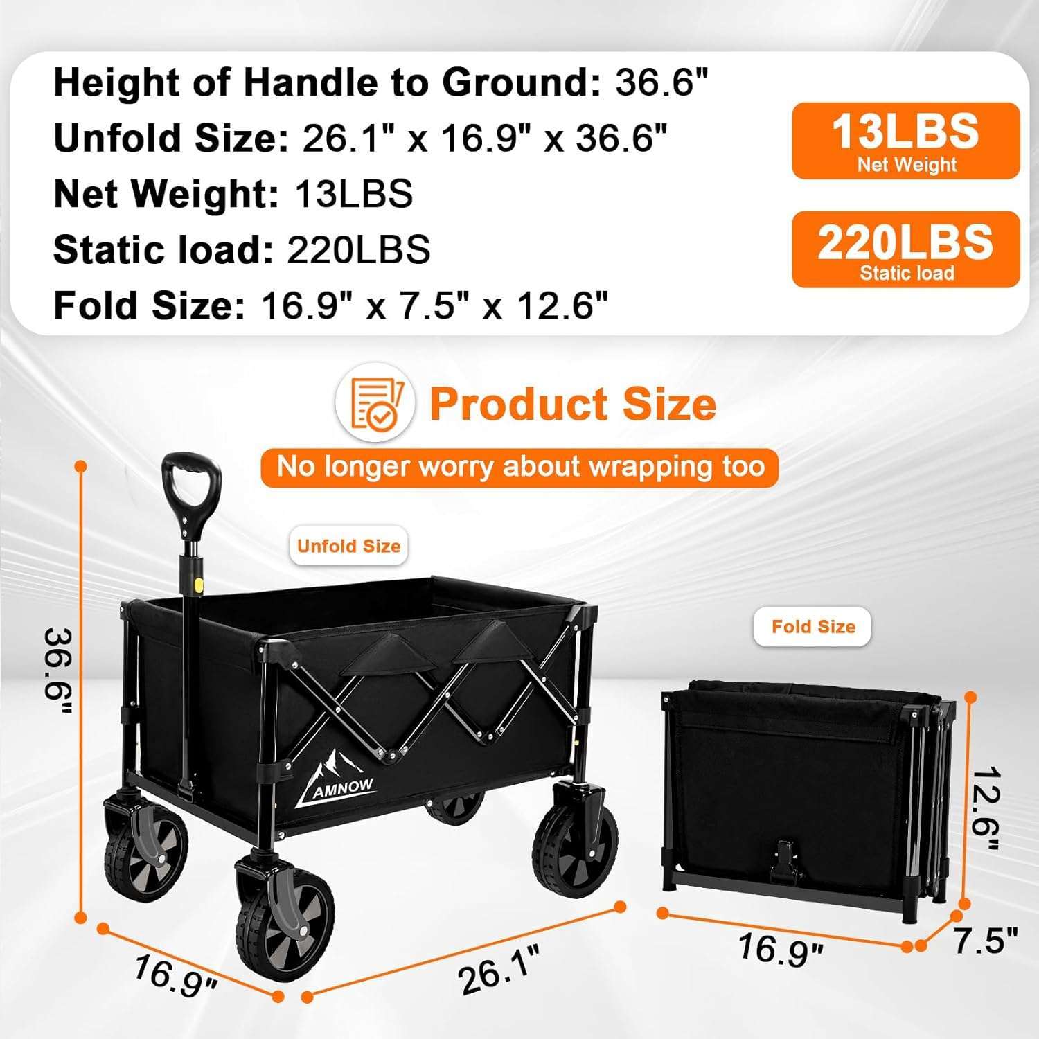 Collapsible Wagon Cart with Wheels Foldable, Folding Wagons Carts with Silent Universal Wheels, Large Grocery Cart On Wheels, Heavy Duty Utility for Shopping Beach Sports Fishing Camping, Black - 8