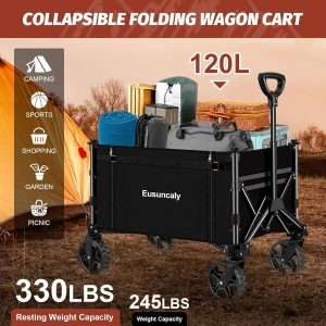 Collapsible Wagon with Wheels, Wagons Carts Foldable, Heavy Duty Folding Utility Cart for Grocery, Camping, Shopping, Sports, Garden, Fishing, Black - 2
