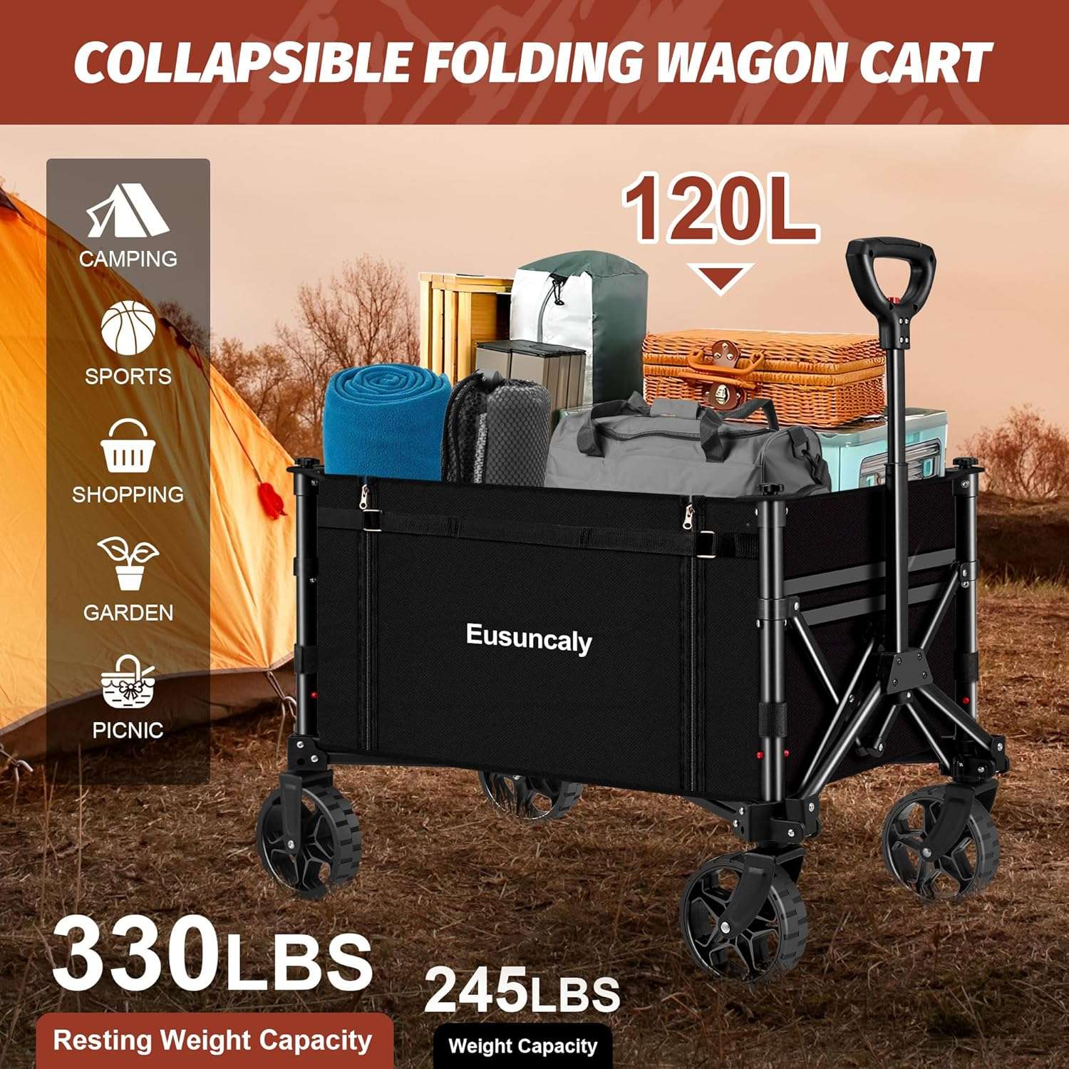 Collapsible Wagon with Wheels, Wagons Carts Foldable, Heavy Duty Folding Utility Cart for Grocery, Camping, Shopping, Sports, Garden, Fishing, Black - 2