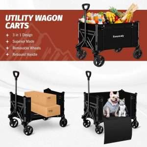 Collapsible Wagon with Wheels, Wagons Carts Foldable, Heavy Duty Folding Utility Cart for Grocery, Camping, Shopping, Sports, Garden, Fishing, Black - 3