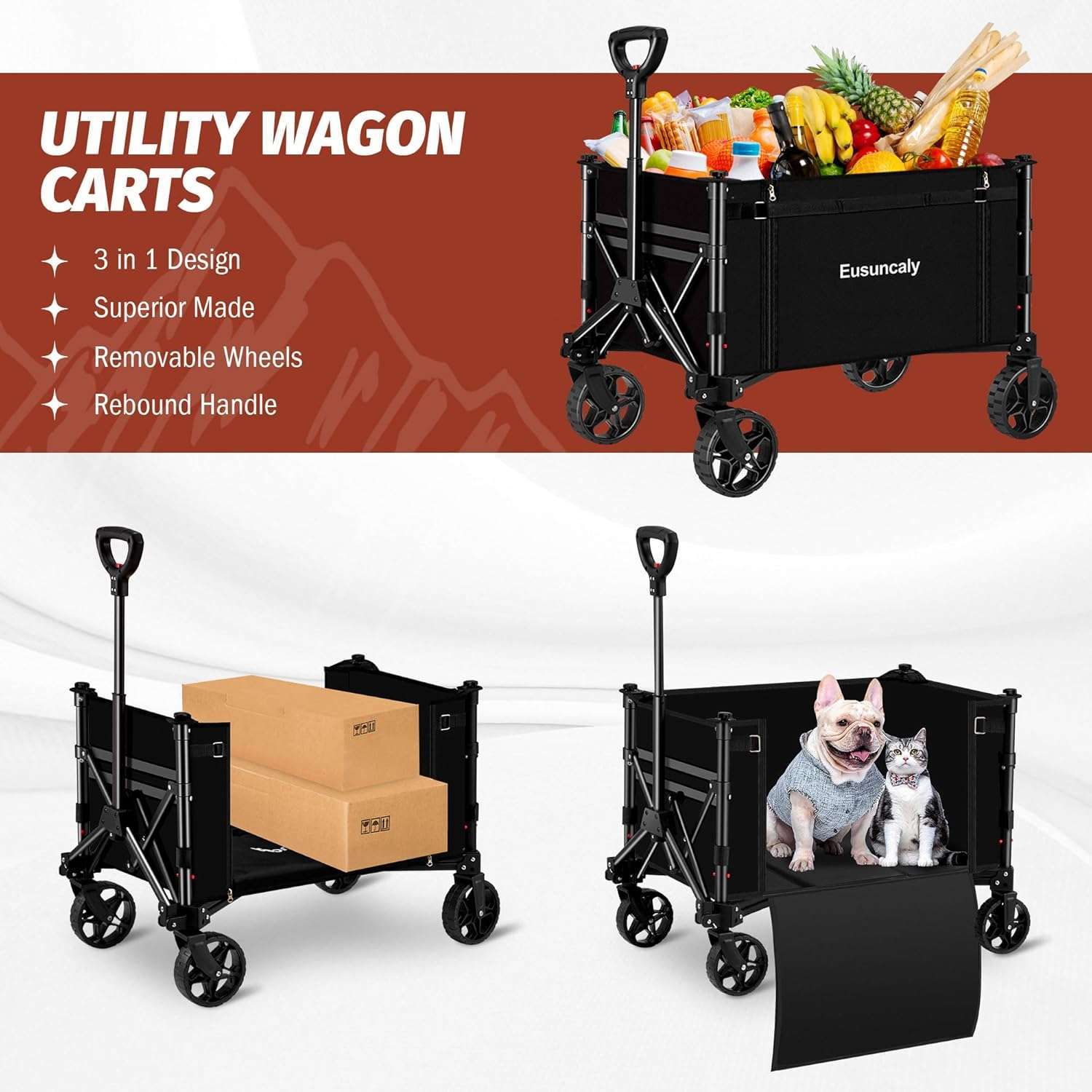 Collapsible Wagon with Wheels, Wagons Carts Foldable, Heavy Duty Folding Utility Cart for Grocery, Camping, Shopping, Sports, Garden, Fishing, Black - 3