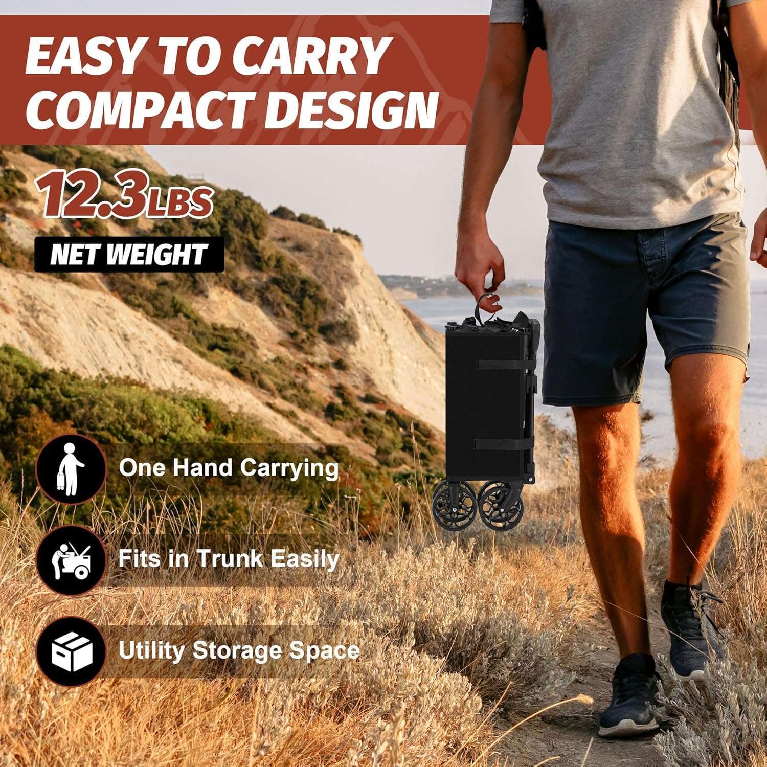 Collapsible Wagon with Wheels, Wagons Carts Foldable, Heavy Duty Folding Utility Cart for Grocery, Camping, Shopping, Sports, Garden, Fishing, Black - 4