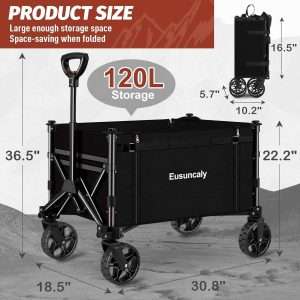 Collapsible Wagon with Wheels, Wagons Carts Foldable, Heavy Duty Folding Utility Cart for Grocery, Camping, Shopping, Sports, Garden, Fishing, Black - 5