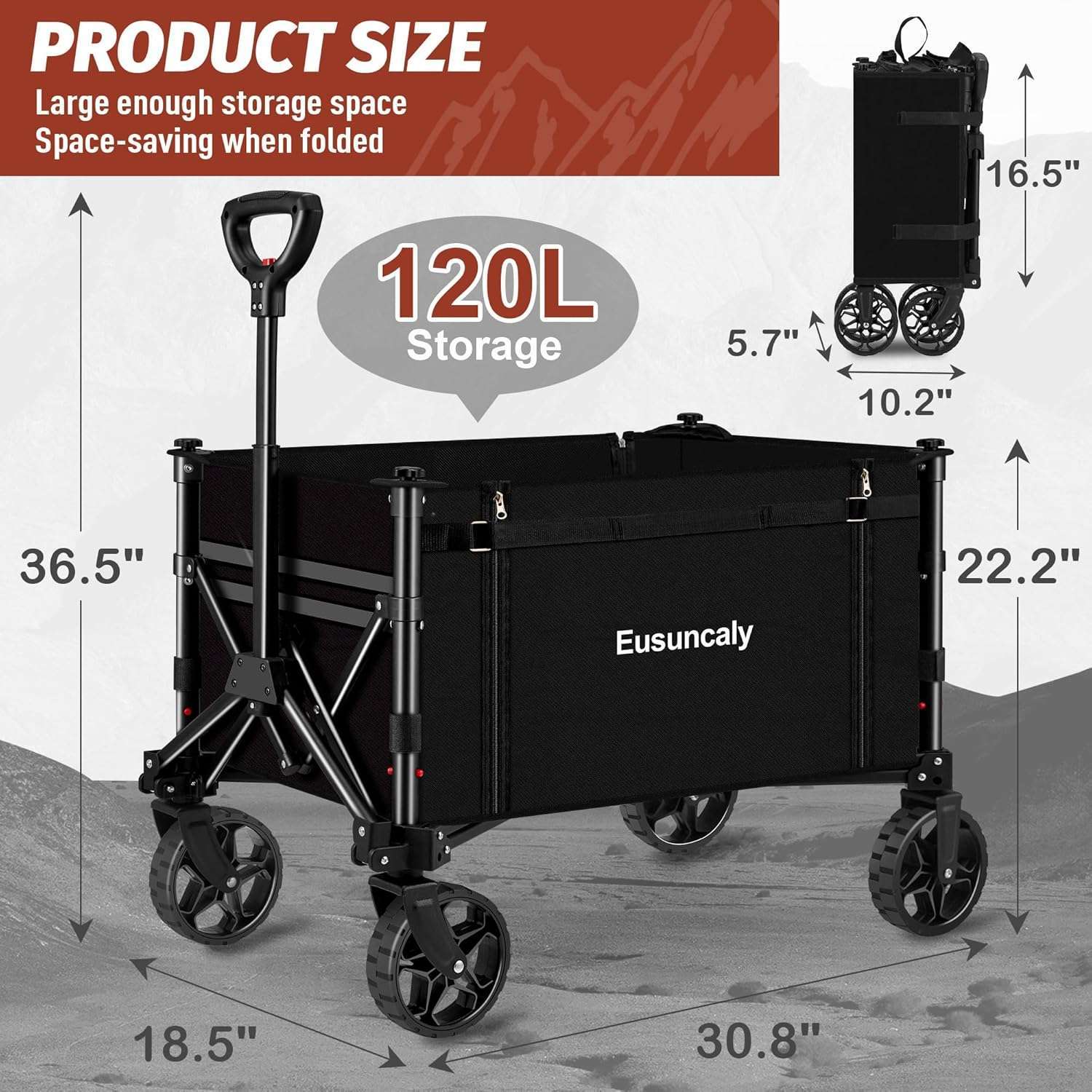 Collapsible Wagon with Wheels, Wagons Carts Foldable, Heavy Duty Folding Utility Cart for Grocery, Camping, Shopping, Sports, Garden, Fishing, Black - 5