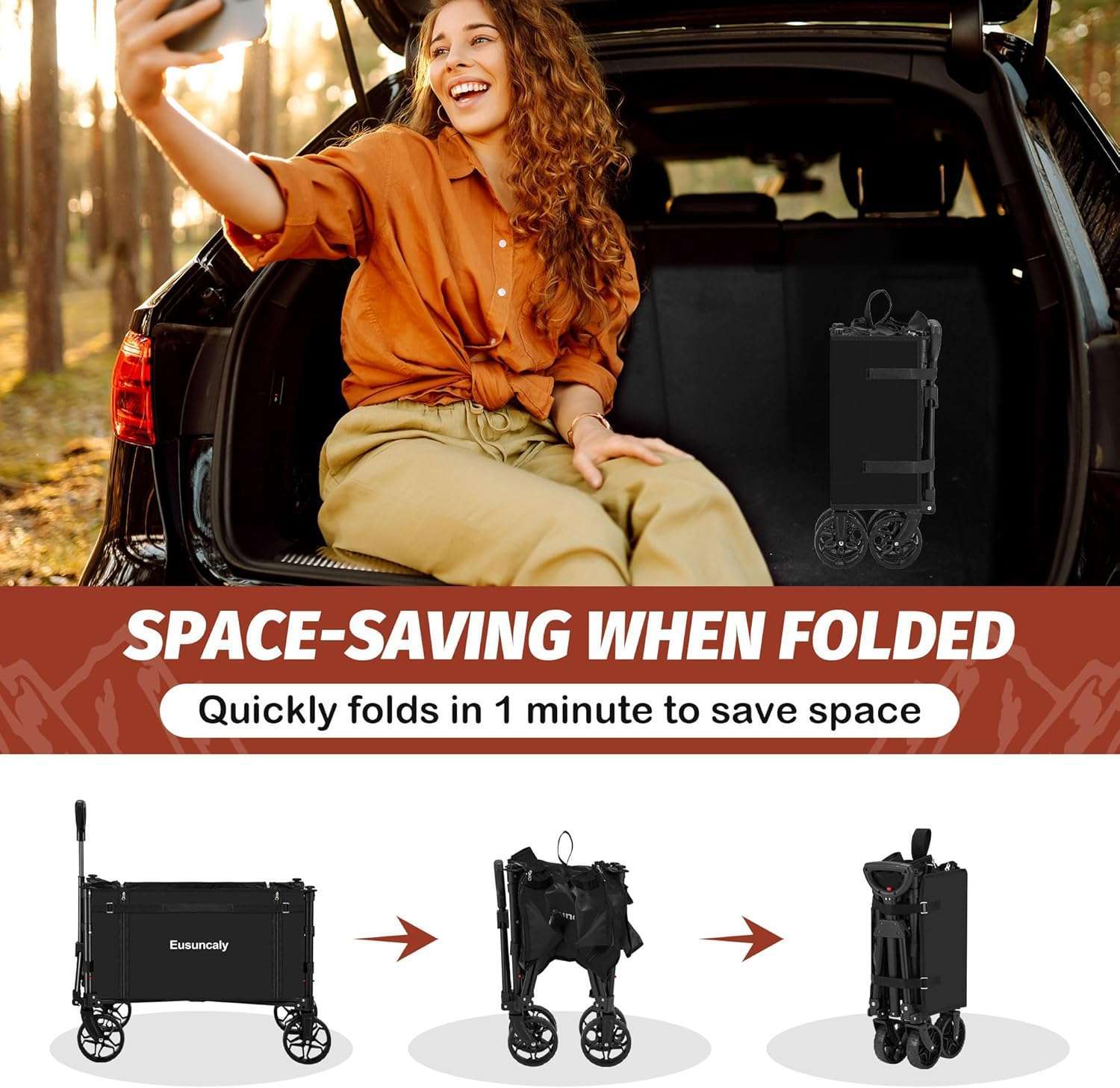 Collapsible Wagon with Wheels, Wagons Carts Foldable, Heavy Duty Folding Utility Cart for Grocery, Camping, Shopping, Sports, Garden, Fishing, Black - 7