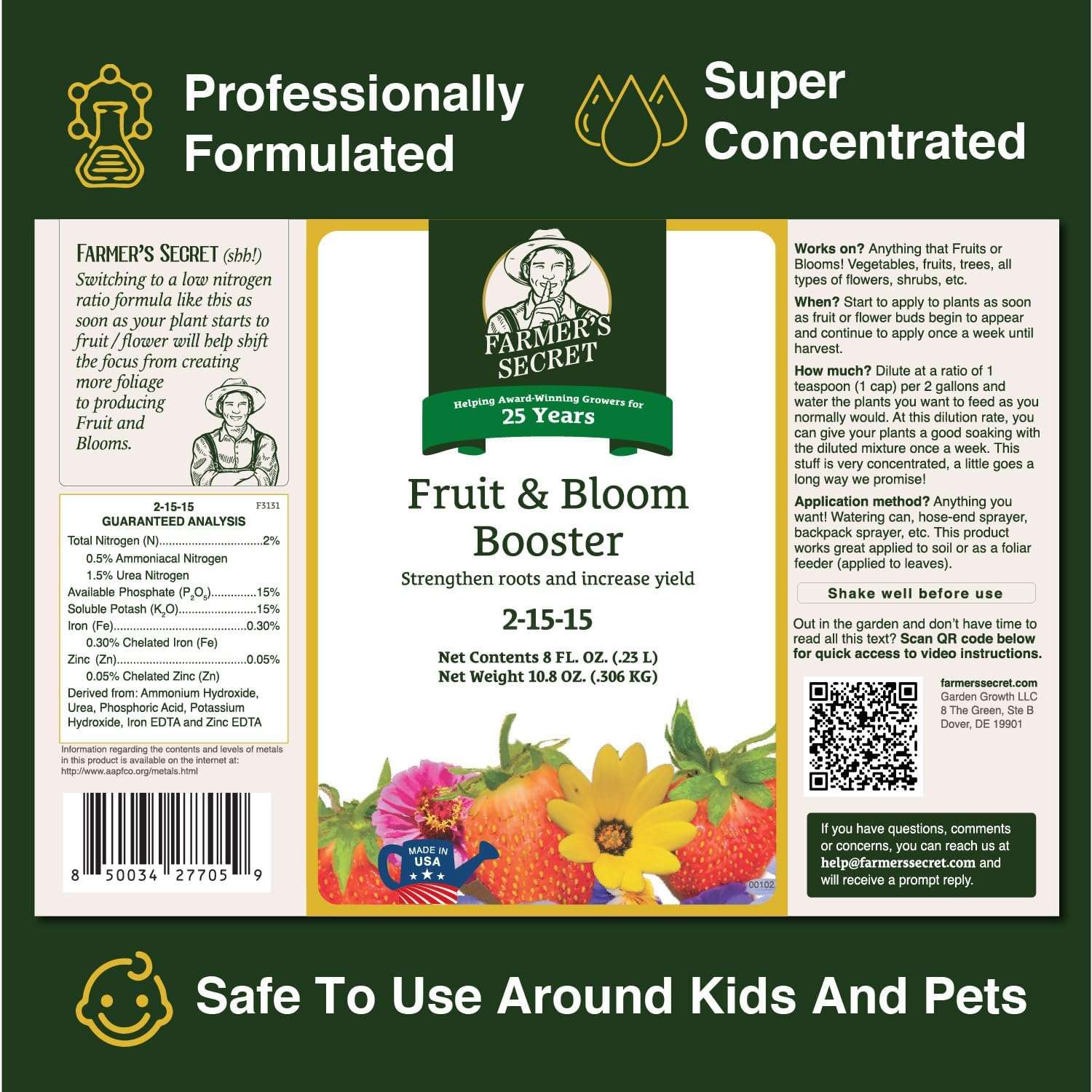 Farmer’s Secret Fruit & Bloom Booster Fertilizer (32oz) - Super Concentrated - Increases Flowering and Yield on All Varieties of Fruits, Vegetables and Flowers - 2