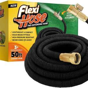 Flexi Hose Upgraded Expandable Garden Hose 50 ft Extra Strength 3-4 Solid Brass Fittings - The Ultimate No-Kink Flex 50 ft Water Hose - 1