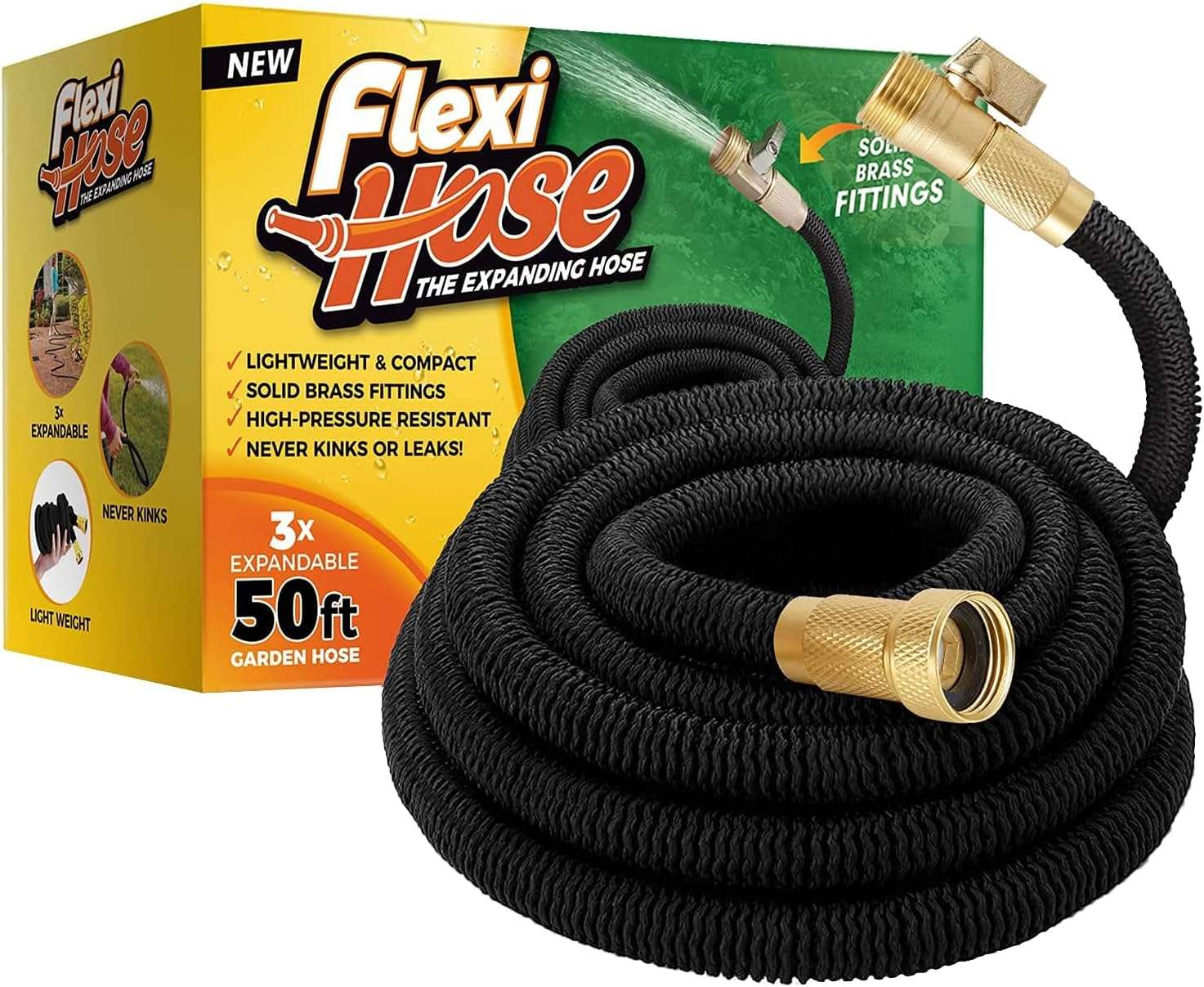 Flexi Hose Upgraded Expandable Garden Hose 50 ft Extra Strength 3-4 Solid Brass Fittings - The Ultimate No-Kink Flex 50 ft Water Hose - 1