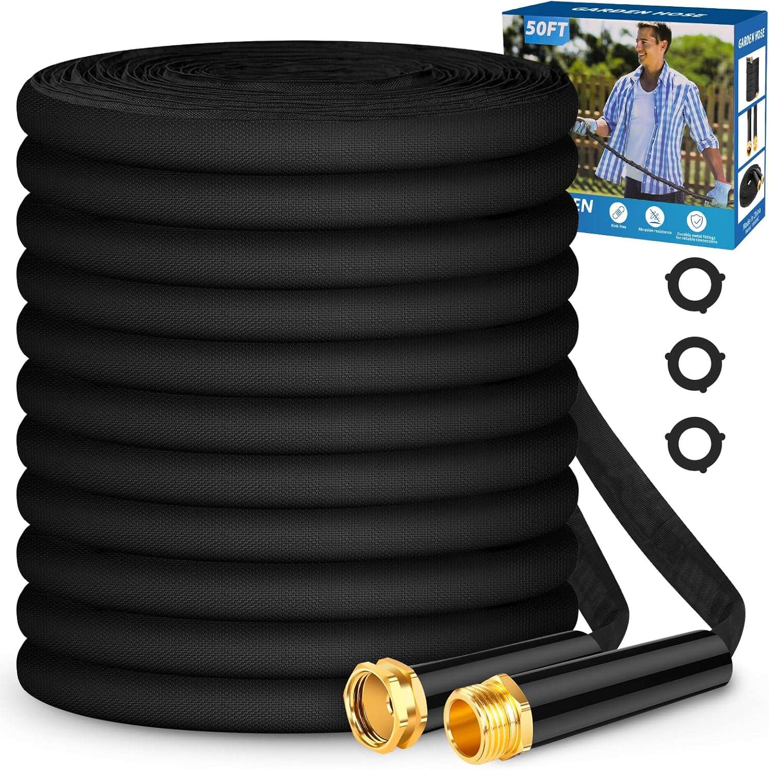 Garden Hose 50ft, Non-Expanding, Lightweight, Leak-Proof Metal interface, No-Knots, Portable, Wear-Resistant, Sturdy, Flexible, 3-4GHT, Water Hose for Yard, Garden - 1