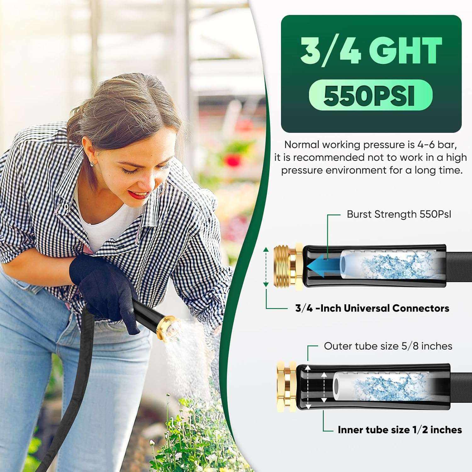 Garden Hose 50ft, Non-Expanding, Lightweight, Leak-Proof Metal interface, No-Knots, Portable, Wear-Resistant, Sturdy, Flexible, 3-4GHT, Water Hose for Yard, Garden - 6