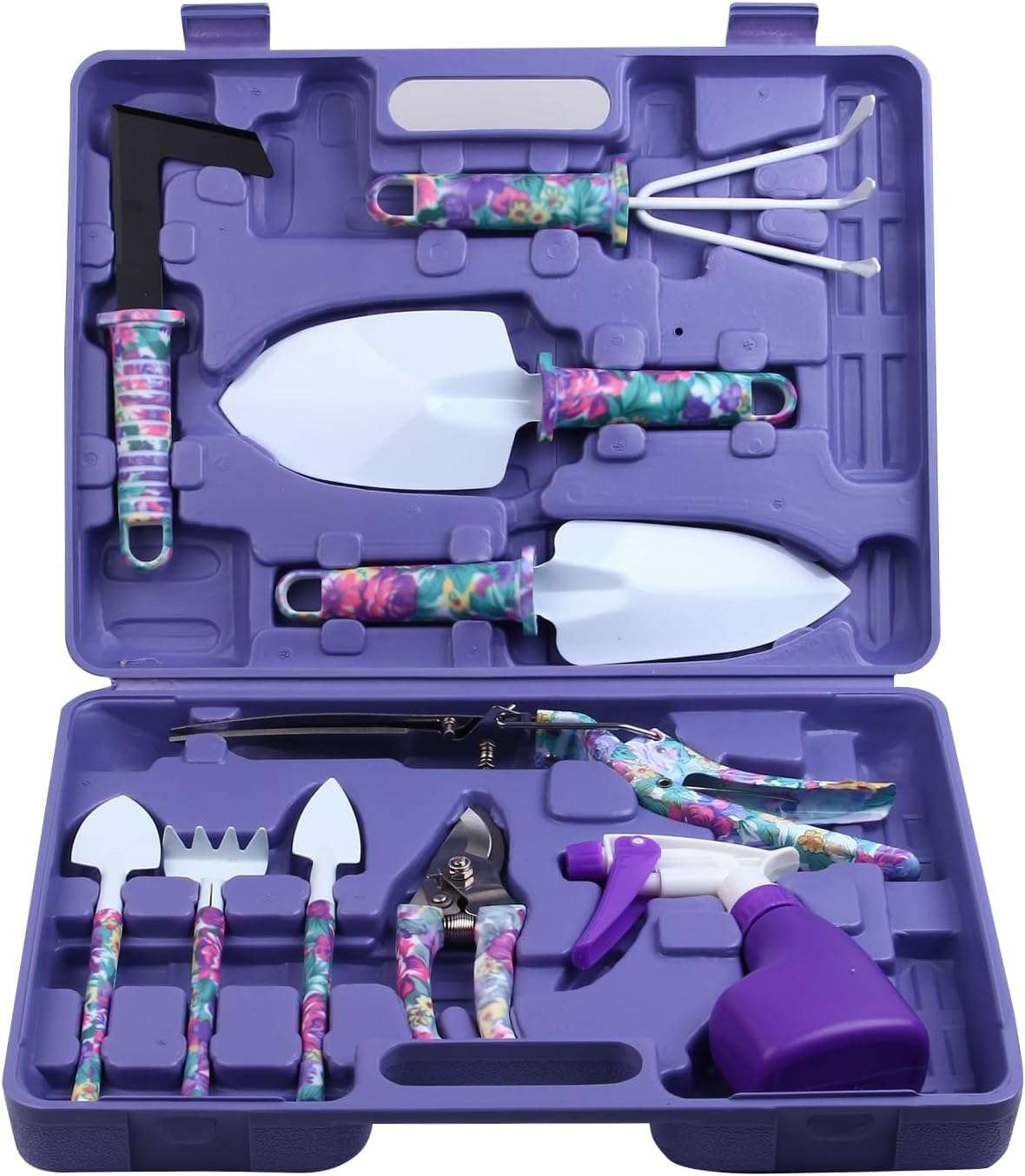 Garden Tools Set, JUMPHIGH 10 Pieces Gardening Tools with Floral Print, Ergonomic Handle Trowel Rake Weeder Pruner Shears Sprayer, Garden Hand Tools - 1