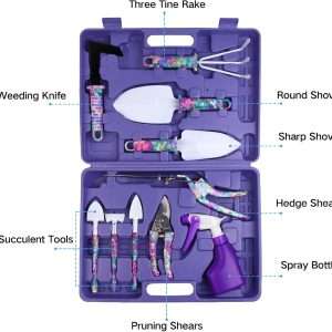 Garden Tools Set, JUMPHIGH 10 Pieces Gardening Tools with Floral Print, Ergonomic Handle Trowel Rake Weeder Pruner Shears Sprayer, Garden Hand Tools - 2