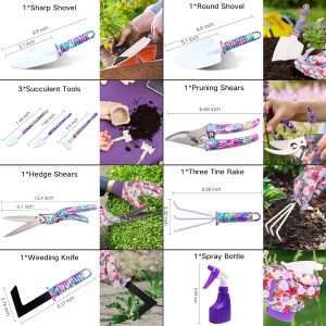Garden Tools Set, JUMPHIGH 10 Pieces Gardening Tools with Floral Print, Ergonomic Handle Trowel Rake Weeder Pruner Shears Sprayer, Garden Hand Tools - 3