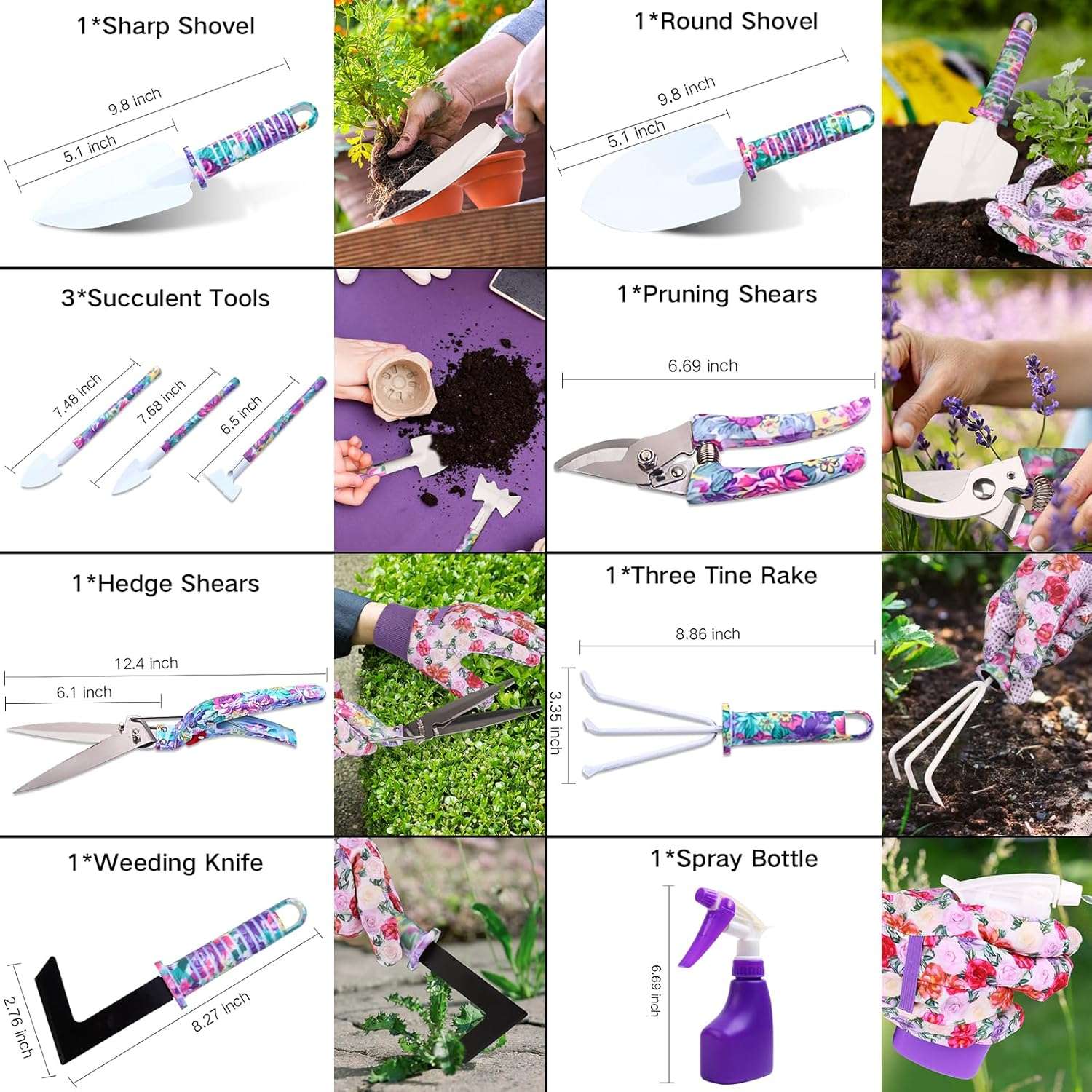 Garden Tools Set, JUMPHIGH 10 Pieces Gardening Tools with Floral Print, Ergonomic Handle Trowel Rake Weeder Pruner Shears Sprayer, Garden Hand Tools - 3
