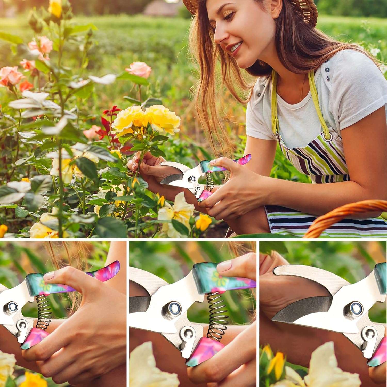 Garden Tools Set, JUMPHIGH 10 Pieces Gardening Tools with Floral Print, Ergonomic Handle Trowel Rake Weeder Pruner Shears Sprayer, Garden Hand Tools - 4