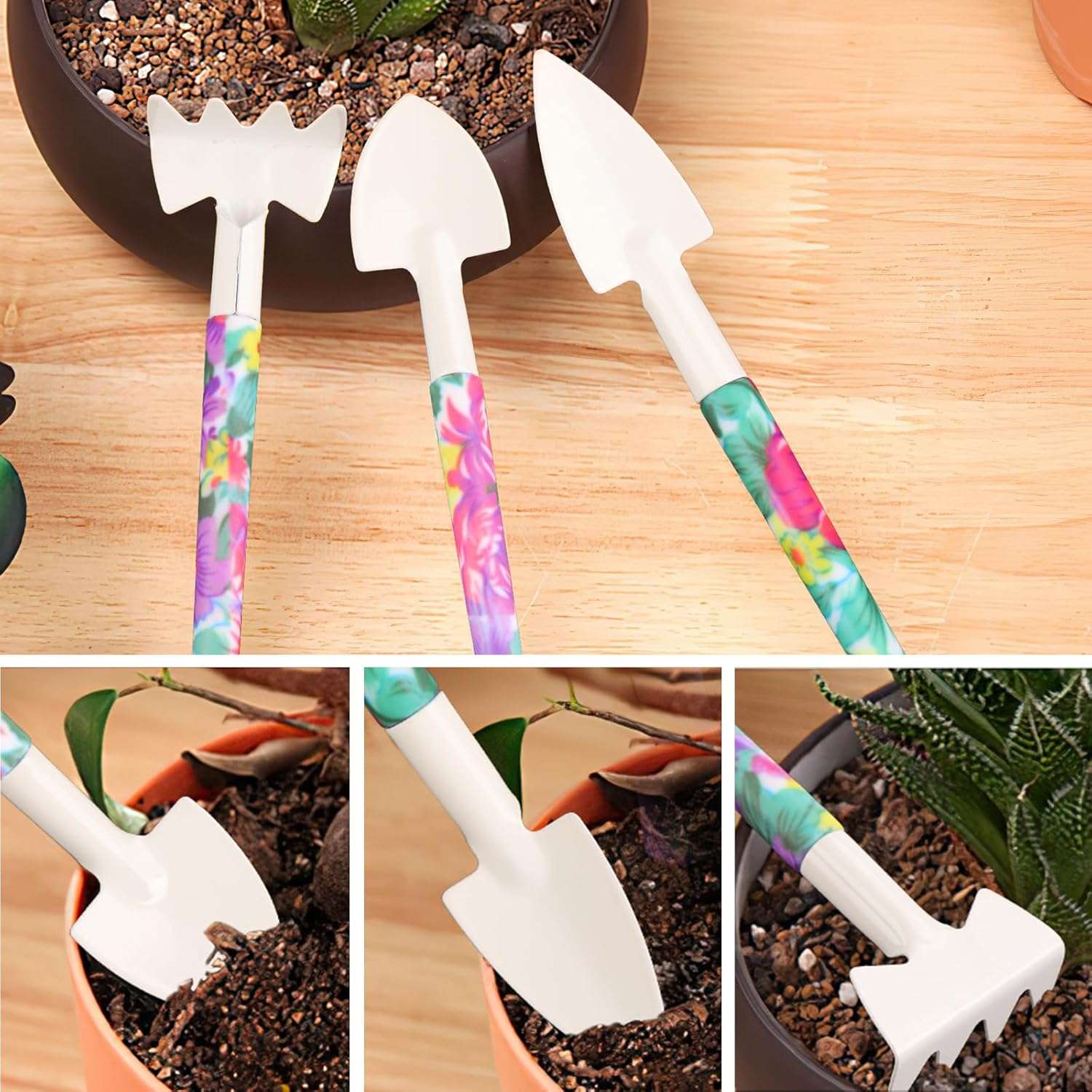 Garden Tools Set, JUMPHIGH 10 Pieces Gardening Tools with Floral Print, Ergonomic Handle Trowel Rake Weeder Pruner Shears Sprayer, Garden Hand Tools - 5