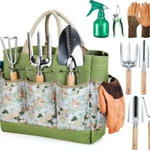 Gardening Tools 9-Piece Heavy Duty Gardening Hand Tools with Fashion and Durable Garden Tools Organizer Handbag,Rust-Proof Garden Tool Set, Ideal Gardening Gifts for Women - 1