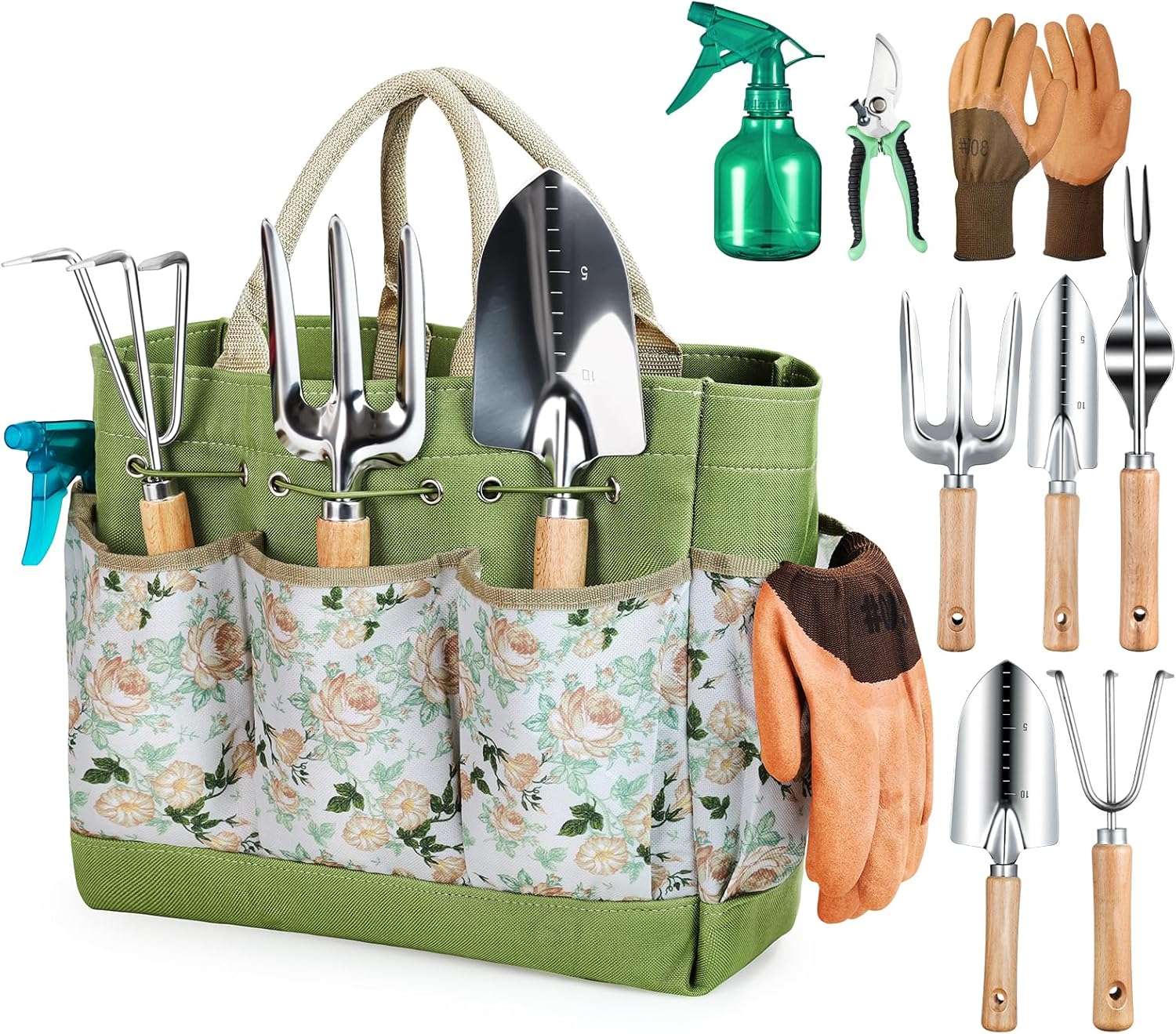 Gardening Tools 9-Piece Heavy Duty Gardening Hand Tools with Fashion and Durable Garden Tools Organizer Handbag,Rust-Proof Garden Tool Set, Ideal Gardening Gifts for Women - 1