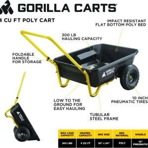 Gorilla Carts GCR-4 Poly Dump Cart, 2-Wheel Garden Wagon with Foldable Handle, 4 cu ft, 300 lb. Capacity, Black-Yellow - 17