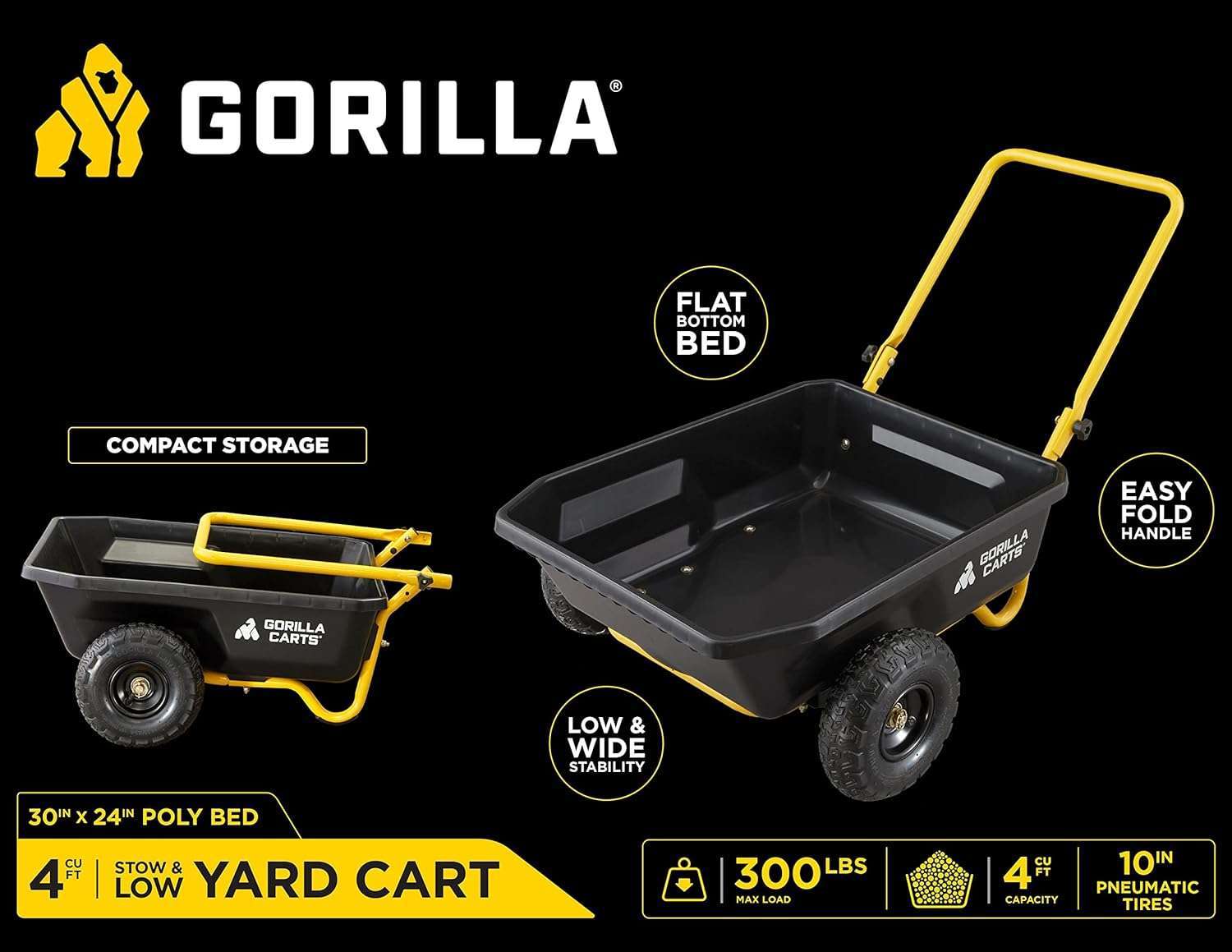 Gorilla Carts GCR-4 Poly Dump Cart, 2-Wheel Garden Wagon with Foldable Handle, 4 cu ft, 300 lb. Capacity, Black-Yellow - 2