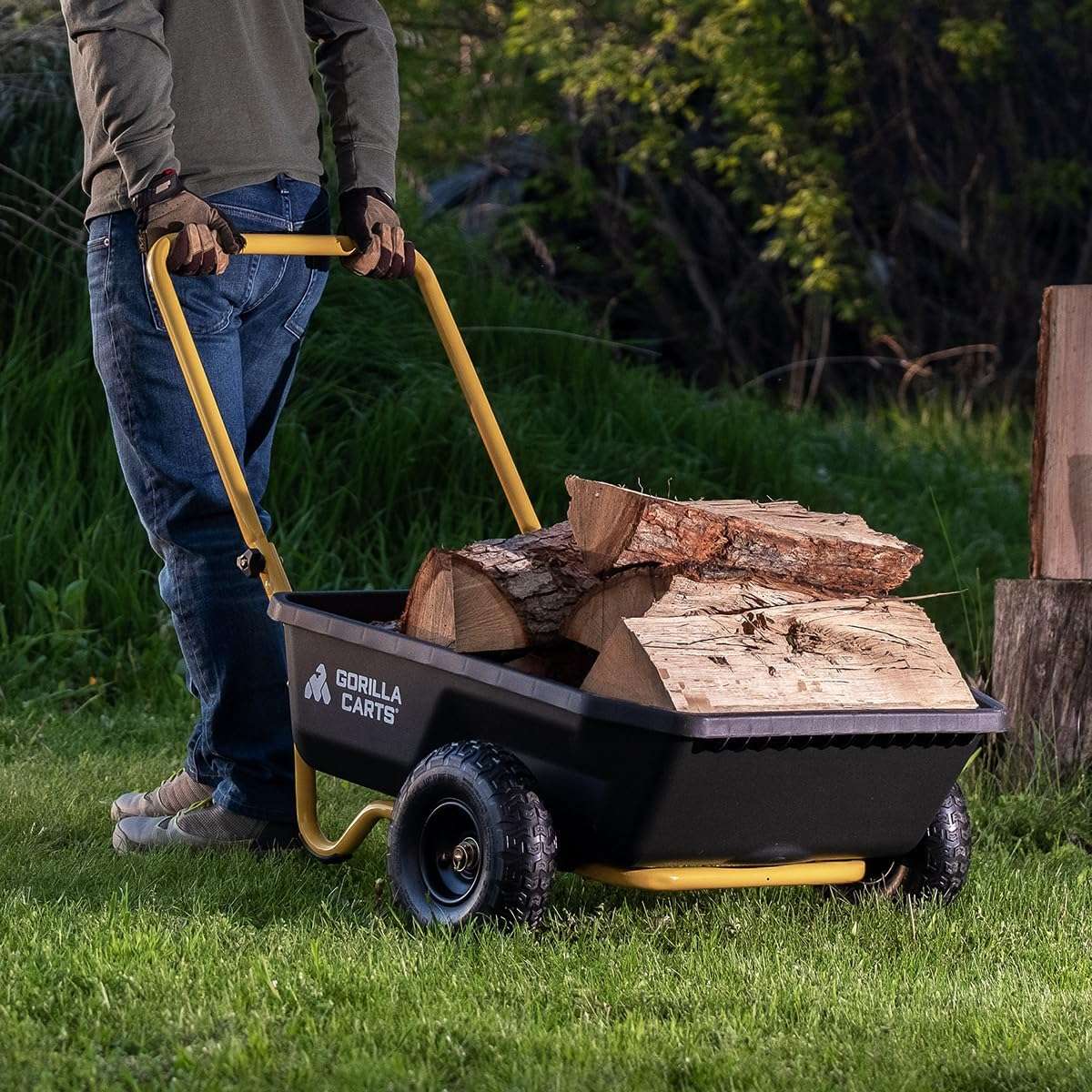 Gorilla Carts GCR-4 Poly Dump Cart, 2-Wheel Garden Wagon with Foldable Handle, 4 cu ft, 300 lb. Capacity, Black-Yellow - 3