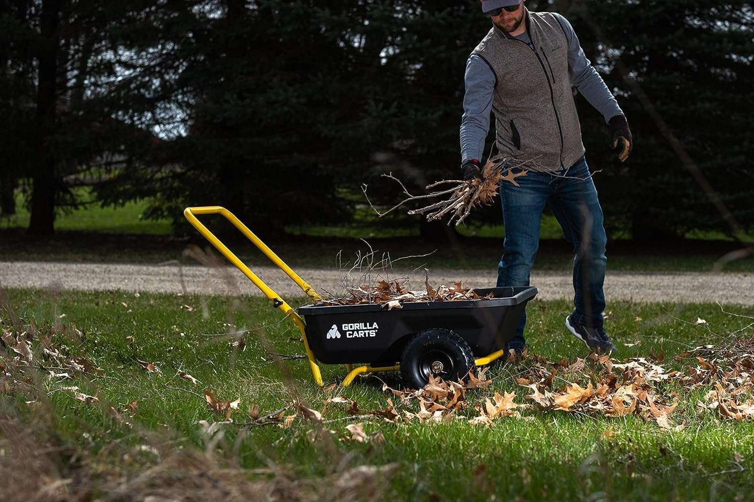Gorilla Carts GCR-4 Poly Dump Cart, 2-Wheel Garden Wagon with Foldable Handle, 4 cu ft, 300 lb. Capacity, Black-Yellow - 4