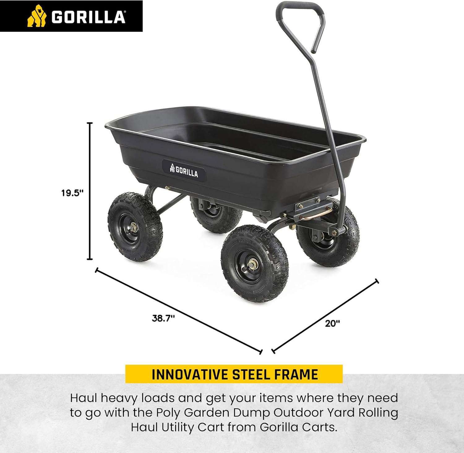 Gorilla Carts Heavy Duty Poly Utility Dump Wagon Garden Cart w-Pneumatic Tires, 4 Cu Ft - 600 lb Capacity Outdoor Wheelbarrow for Yard, Landscaping & Gardening - 2