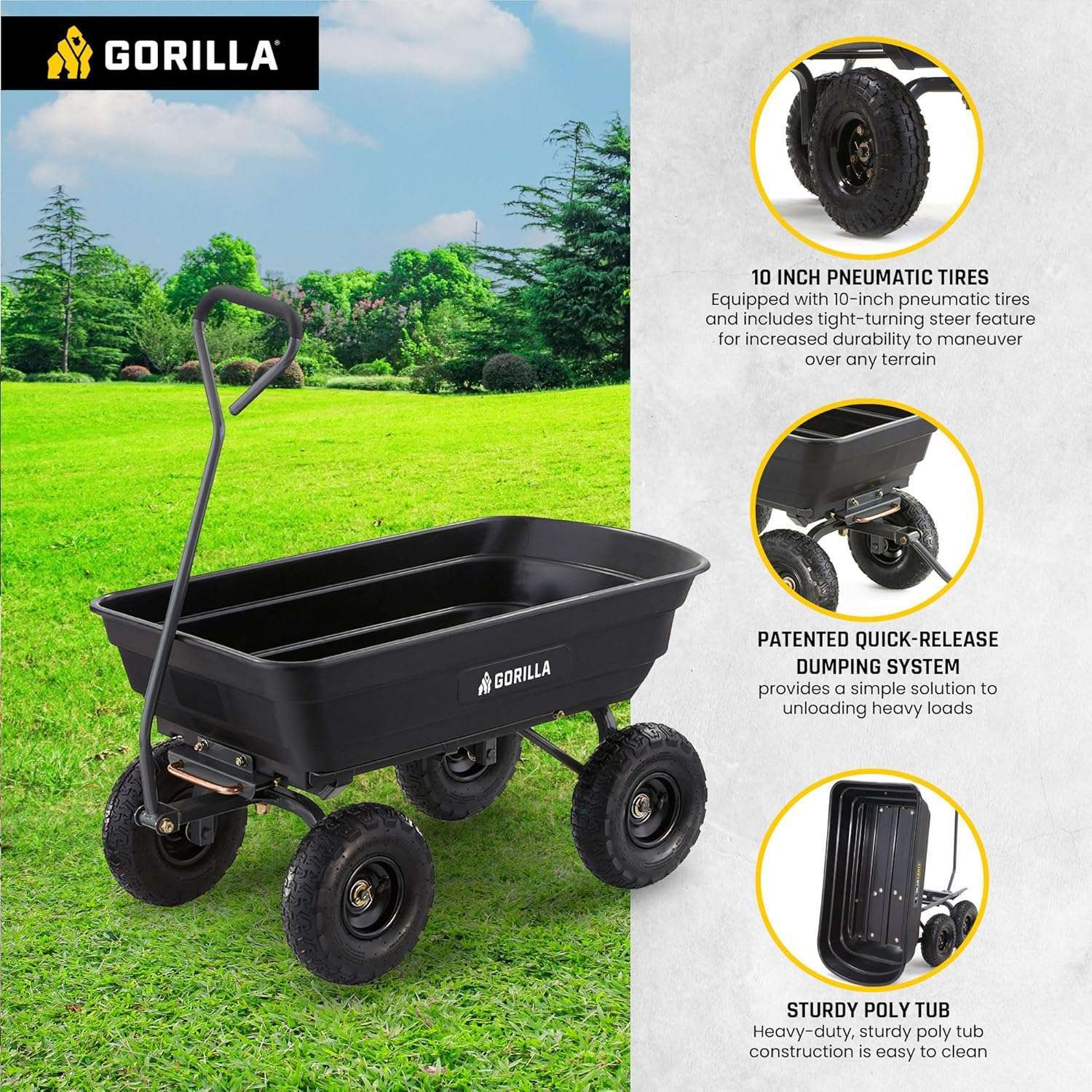 Gorilla Carts Heavy Duty Poly Utility Dump Wagon Garden Cart w-Pneumatic Tires, 4 Cu Ft - 600 lb Capacity Outdoor Wheelbarrow for Yard, Landscaping & Gardening - 3