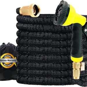 J&B XpandaHose 75ft Expandable Garden Hose with Holder - Heavy Duty Superior Strength 3750D - 4 -Layer Latex Core - Extra Strong Brass Connectors and 10 Spray Nozzle w-Storage Bag - 1