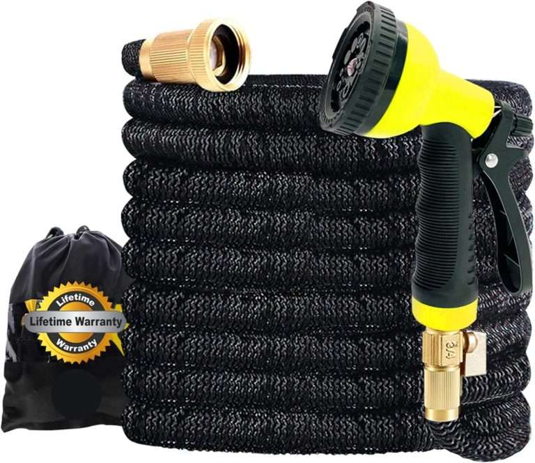 J&B XpandaHose 75ft Expandable Garden Hose with Holder – Heavy Duty Superior Strength 3750D – 4 -Layer Latex Core – Extra Strong Brass Connectors and 10 Spray Nozzle w/Storage Bag (Black 75)