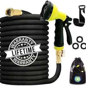 J&B XpandaHose 75ft Expandable Garden Hose with Holder - Heavy Duty Superior Strength 3750D - 4 -Layer Latex Core - Extra Strong Brass Connectors and 10 Spray Nozzle w-Storage Bag - 3