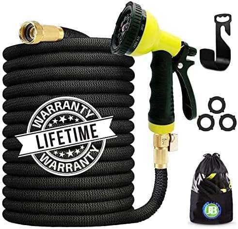 J&B XpandaHose 75ft Expandable Garden Hose with Holder - Heavy Duty Superior Strength 3750D - 4 -Layer Latex Core - Extra Strong Brass Connectors and 10 Spray Nozzle w-Storage Bag - 3