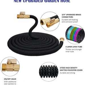 J&B XpandaHose 75ft Expandable Garden Hose with Holder - Heavy Duty Superior Strength 3750D - 4 -Layer Latex Core - Extra Strong Brass Connectors and 10 Spray Nozzle w-Storage Bag - 5