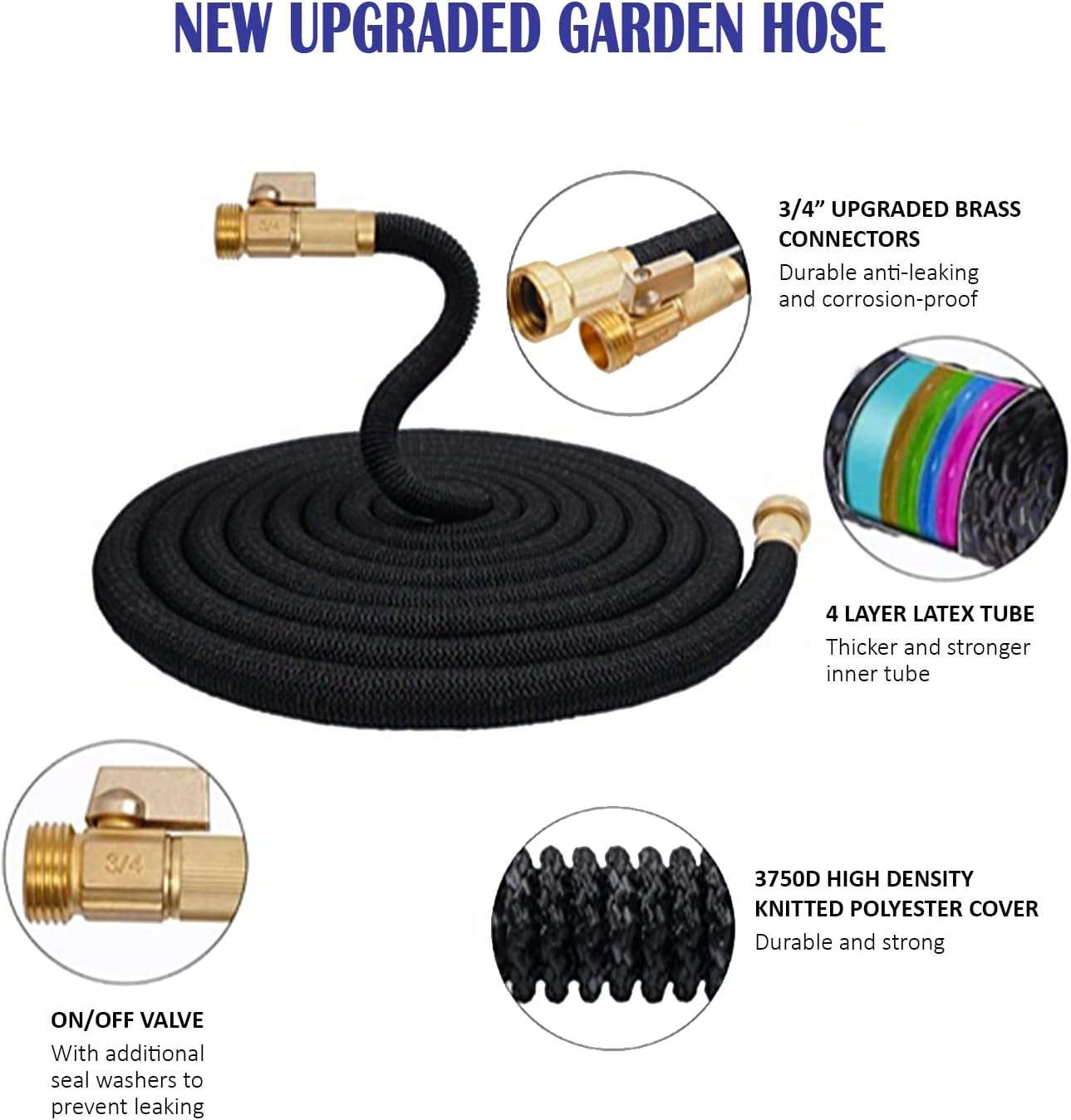 J&B XpandaHose 75ft Expandable Garden Hose with Holder - Heavy Duty Superior Strength 3750D - 4 -Layer Latex Core - Extra Strong Brass Connectors and 10 Spray Nozzle w-Storage Bag - 5