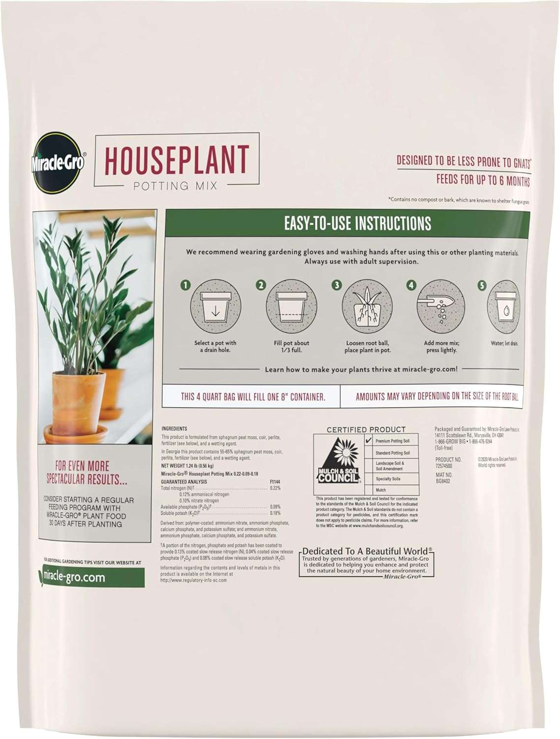 Miracle-Gro Houseplant Potting Mix- Fertilized, Perlite Soil for Indoor Gardening, Designed to Be Less Prone to Gnats, 4 qt. - 4