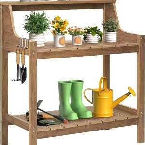 Potting Bench Table, HDPS Potting Bench with 4 Side Hooks, All-Weather Garden Table Work Station, Outdoor Potting Table for Porch, No Rust, No Fade, No Break, 360lbs Capacity - 1