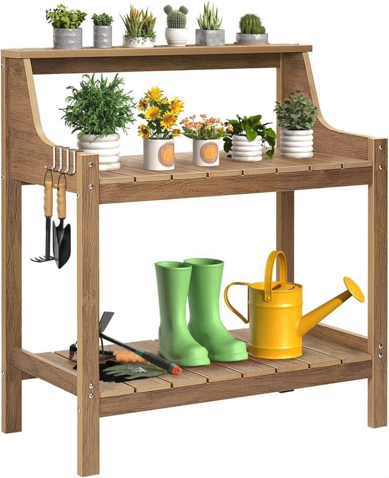 Potting Bench Table, HDPS Potting Bench with 4 Side Hooks, All-Weather Garden Table Work Station, Outdoor Potting Table for Porch, No Rust, No Fade, No Break, 360lbs Capacity (Teak, Large)