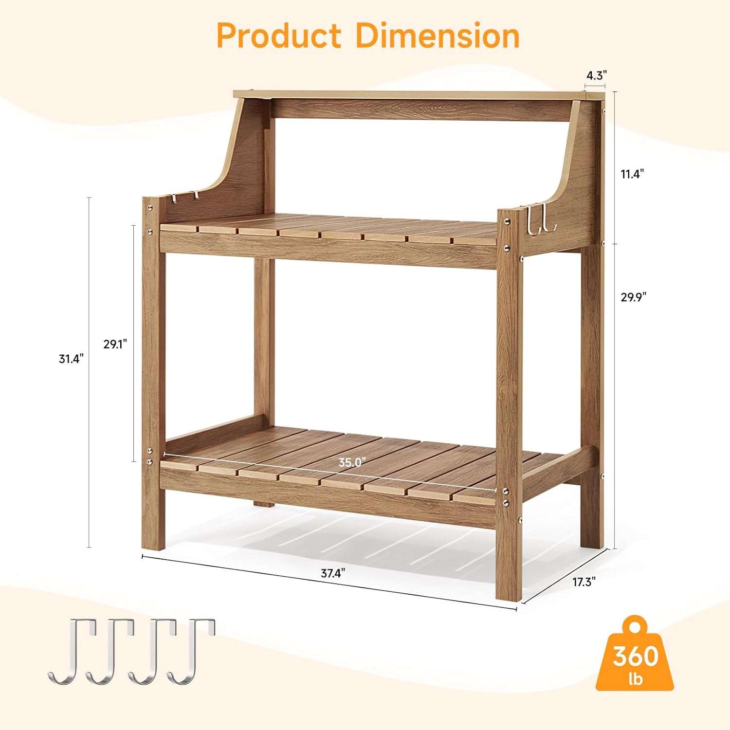 Potting Bench Table, HDPS Potting Bench with 4 Side Hooks, All-Weather Garden Table Work Station, Outdoor Potting Table for Porch, No Rust, No Fade, No Break, 360lbs Capacity - 2