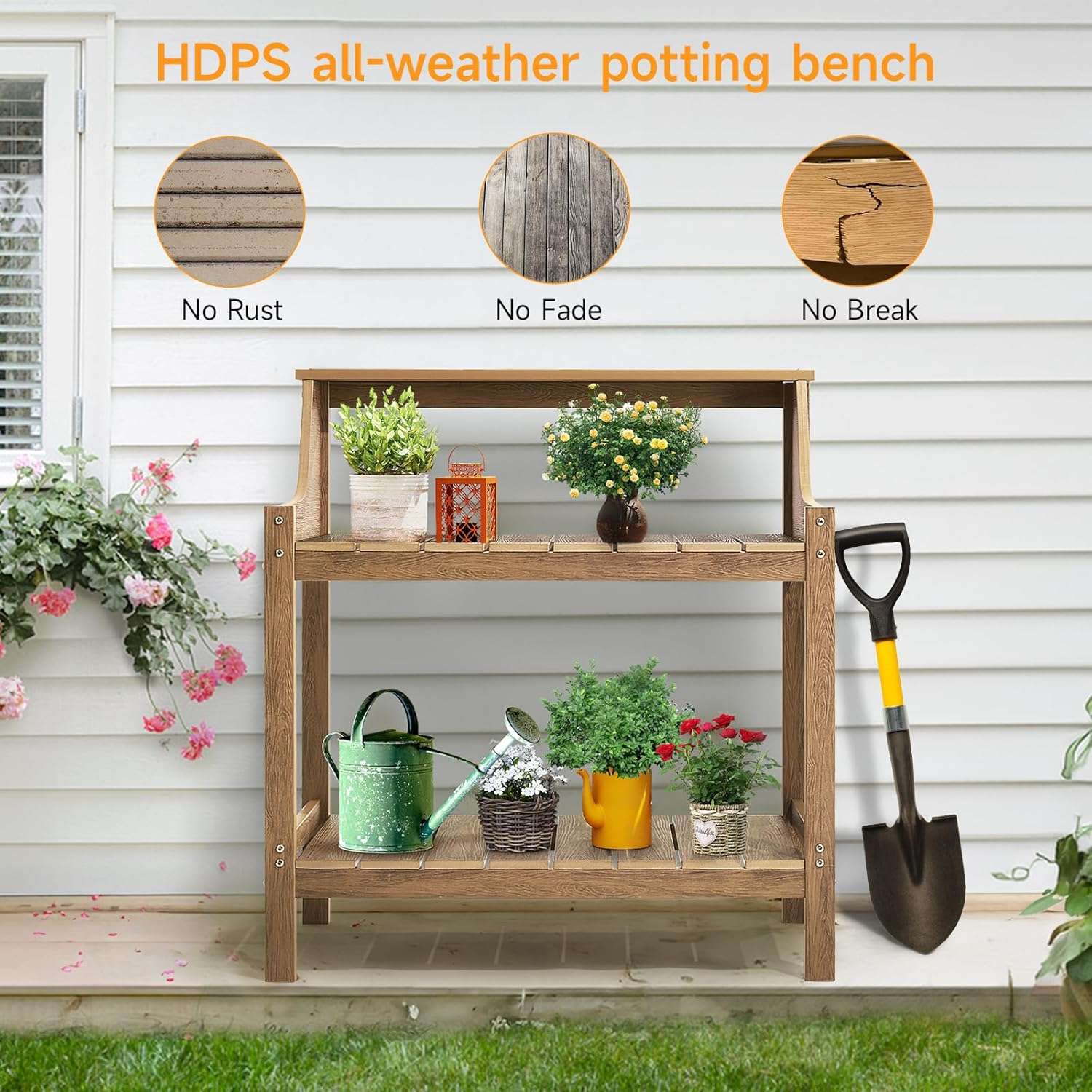 Potting Bench Table, HDPS Potting Bench with 4 Side Hooks, All-Weather Garden Table Work Station, Outdoor Potting Table for Porch, No Rust, No Fade, No Break, 360lbs Capacity - 4