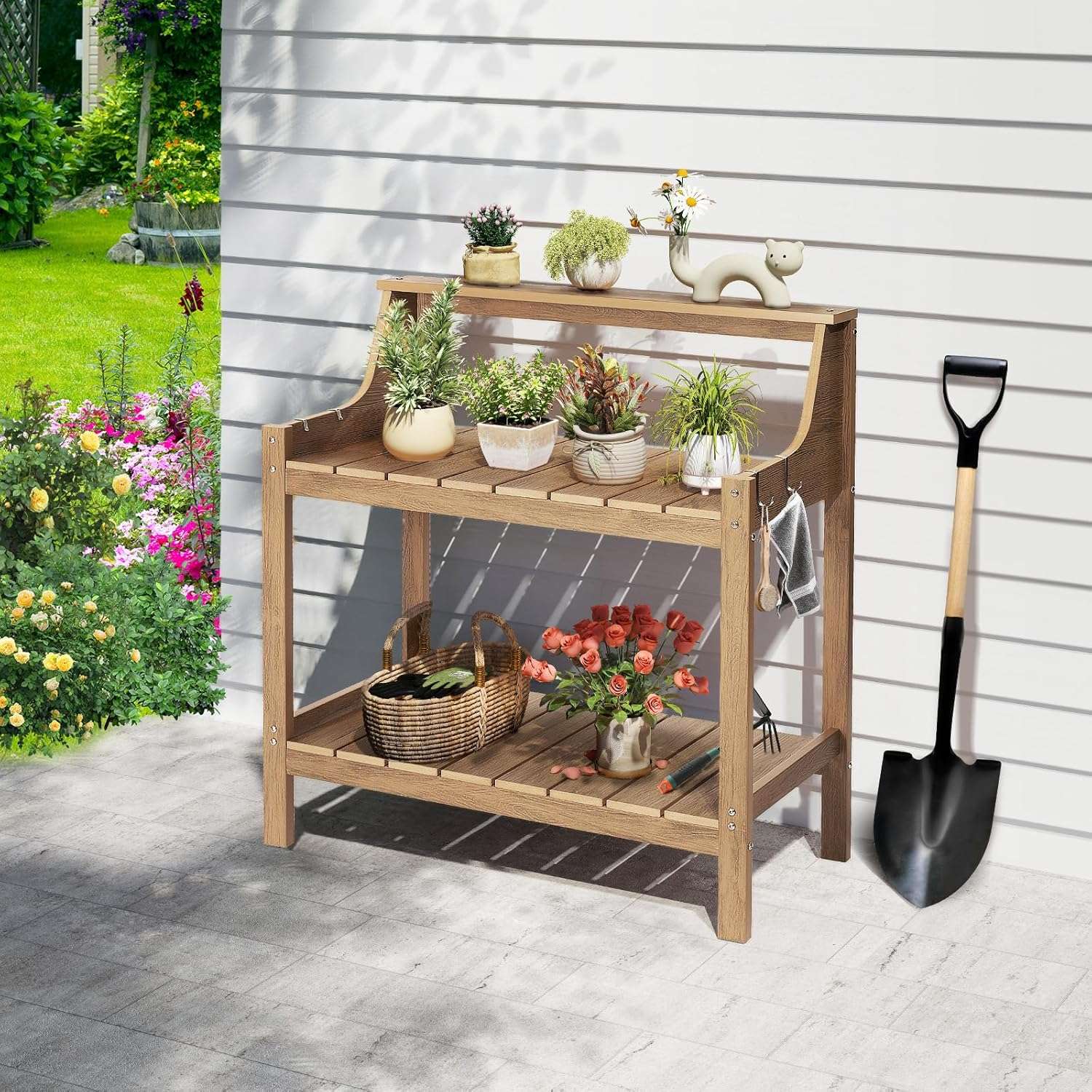 Potting Bench Table, HDPS Potting Bench with 4 Side Hooks, All-Weather Garden Table Work Station, Outdoor Potting Table for Porch, No Rust, No Fade, No Break, 360lbs Capacity - 5