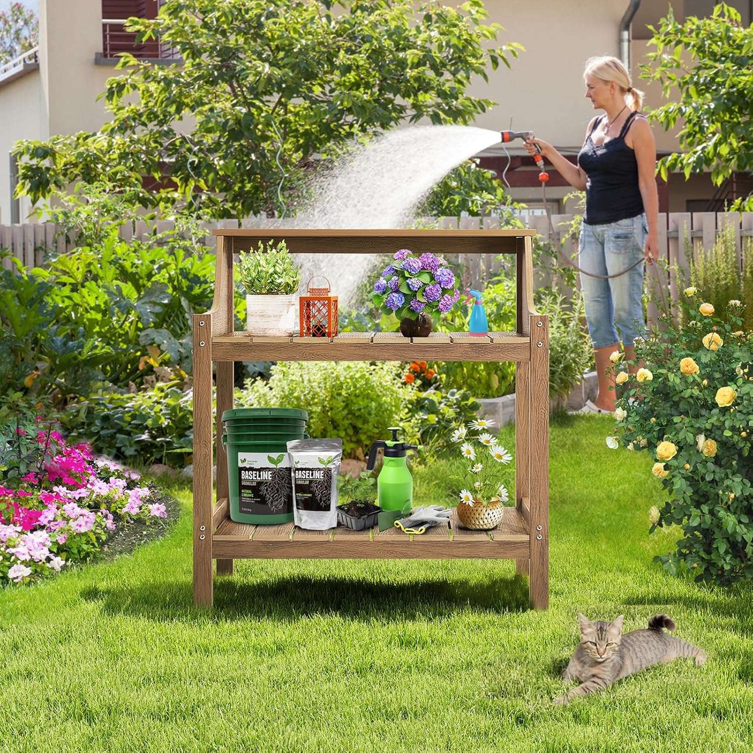 Potting Bench Table, HDPS Potting Bench with 4 Side Hooks, All-Weather Garden Table Work Station, Outdoor Potting Table for Porch, No Rust, No Fade, No Break, 360lbs Capacity - 6