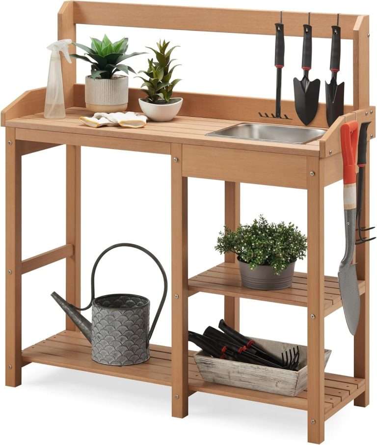 Psilvam Potting Bench, Poly Lumber Potting Table with Removable Stainless Steel Sink and Open Shelves, All-Weather Garden Work Station, Planting Table for Garden, Patio and Lawns (Teak Color)