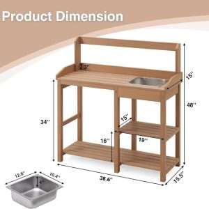 Psilvam Potting Bench, Poly Lumber Potting Table with Removable Stainless Steel Sink and Open Shelves, All-Weather Garden Work Station, Planting Table for Garden, Patio and Lawns - 2