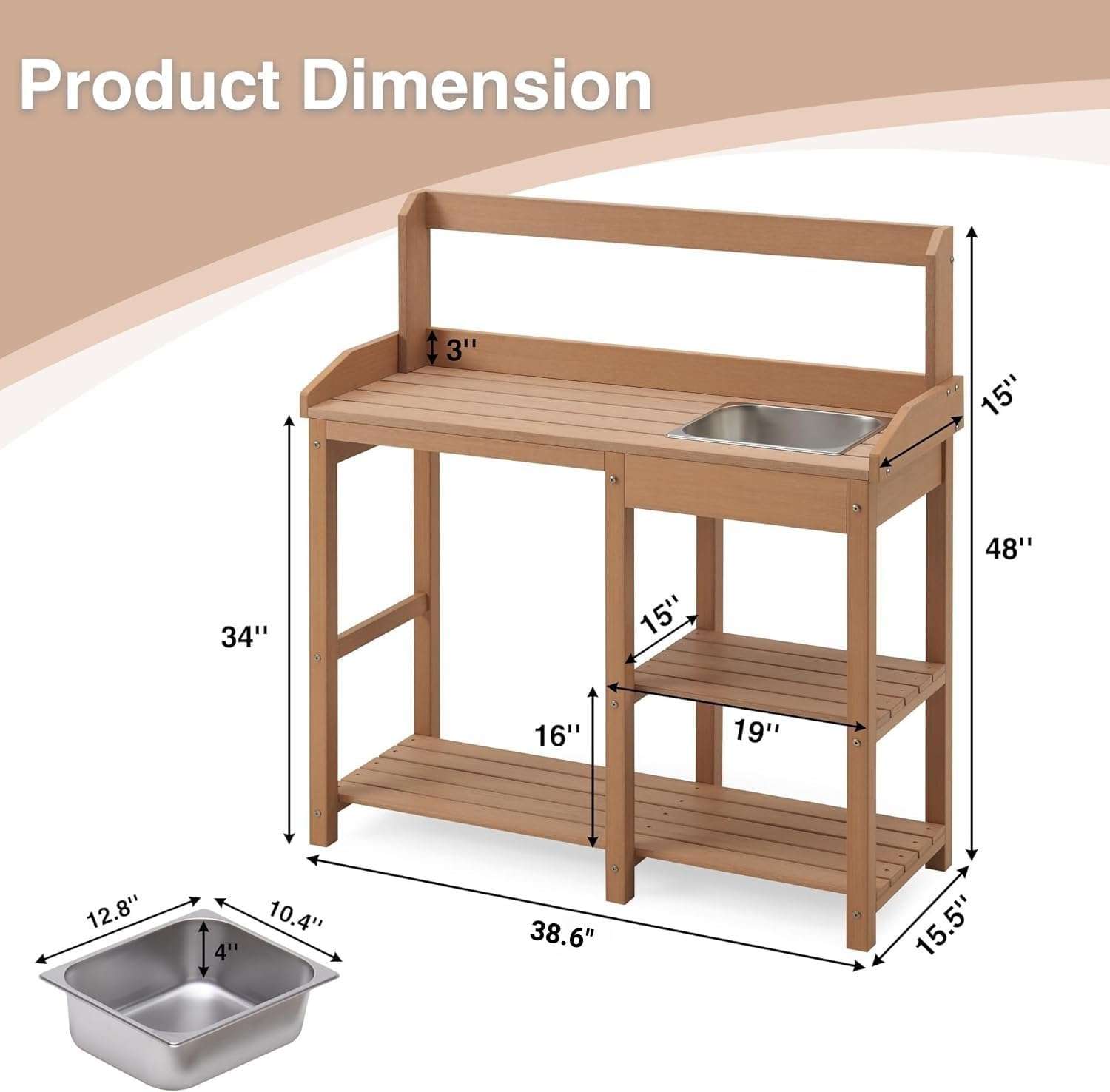 Psilvam Potting Bench, Poly Lumber Potting Table with Removable Stainless Steel Sink and Open Shelves, All-Weather Garden Work Station, Planting Table for Garden, Patio and Lawns - 2