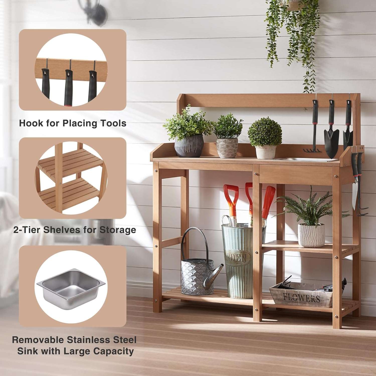 Psilvam Potting Bench, Poly Lumber Potting Table with Removable Stainless Steel Sink and Open Shelves, All-Weather Garden Work Station, Planting Table for Garden, Patio and Lawns - 4