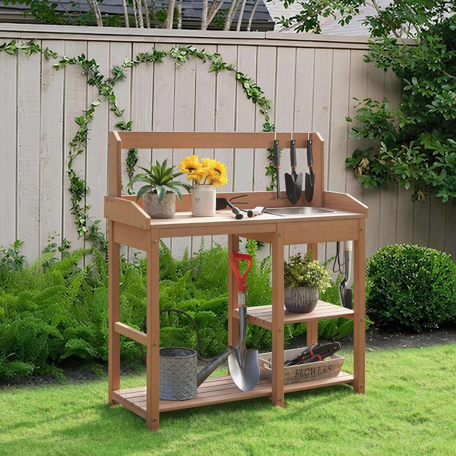 Psilvam Potting Bench, Poly Lumber Potting Table with Removable Stainless Steel Sink and Open Shelves, All-Weather Garden Work Station, Planting Table for Garden, Patio and Lawns - 5